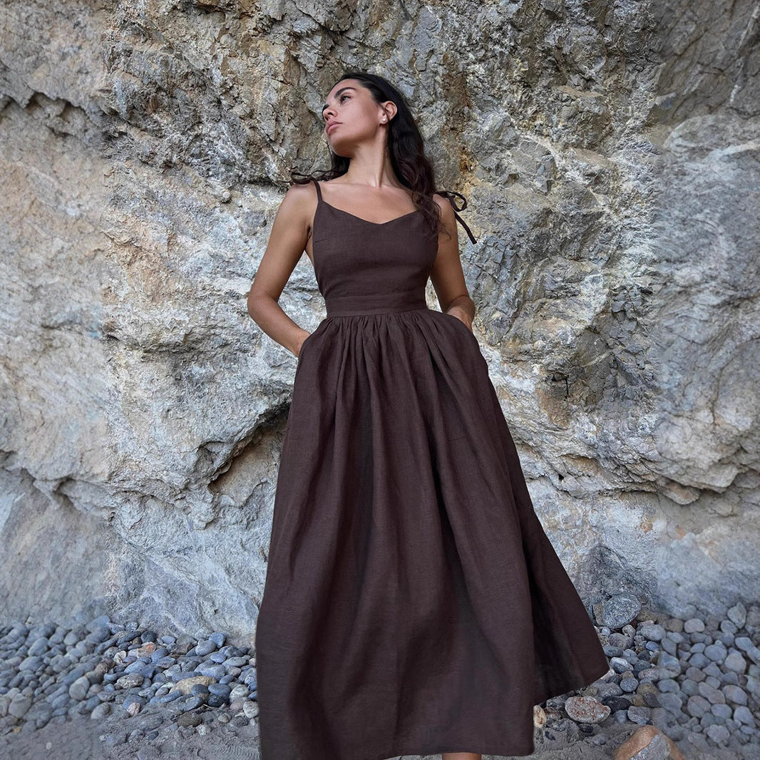 Pure Cotton V neck with Shoulder Straps Women Spring Elegant Sexy Lace up Backless Dress BlueLine