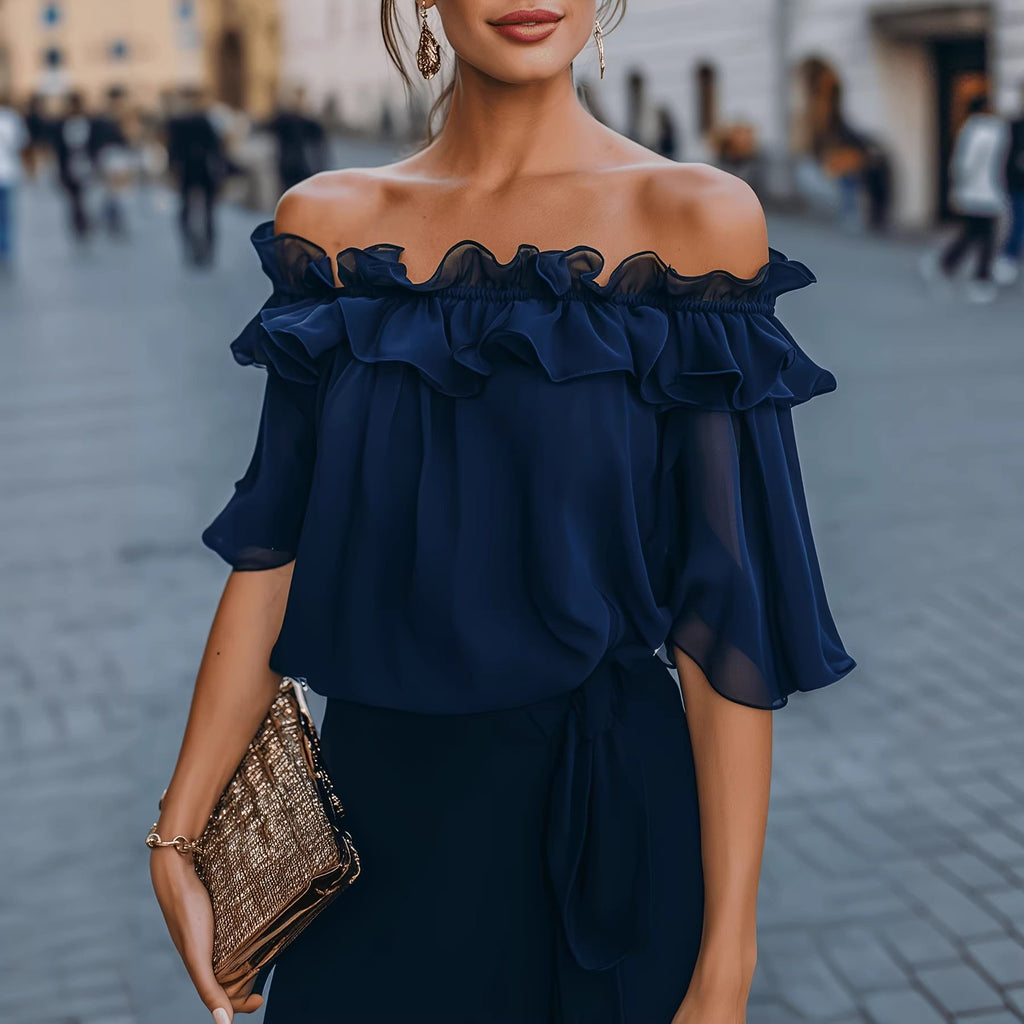 Elegant off Shoulder Ruffled Shirt Sexy See through Chiffon Short Sleeve Top Women Venly