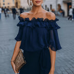 Elegant off Shoulder Ruffled Shirt Sexy See through Chiffon Short Sleeve Top Women Venly