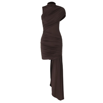 Women Clothing Spring Summer Slim round Neck Pleated Hip Irregular Asymmetric Sleeveless Dress