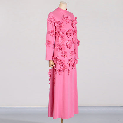 French Floral Stitching Dress Summer High Grade Vacation Stand Collar Long Sleeve Three Dimensional Long Dress Sailfish