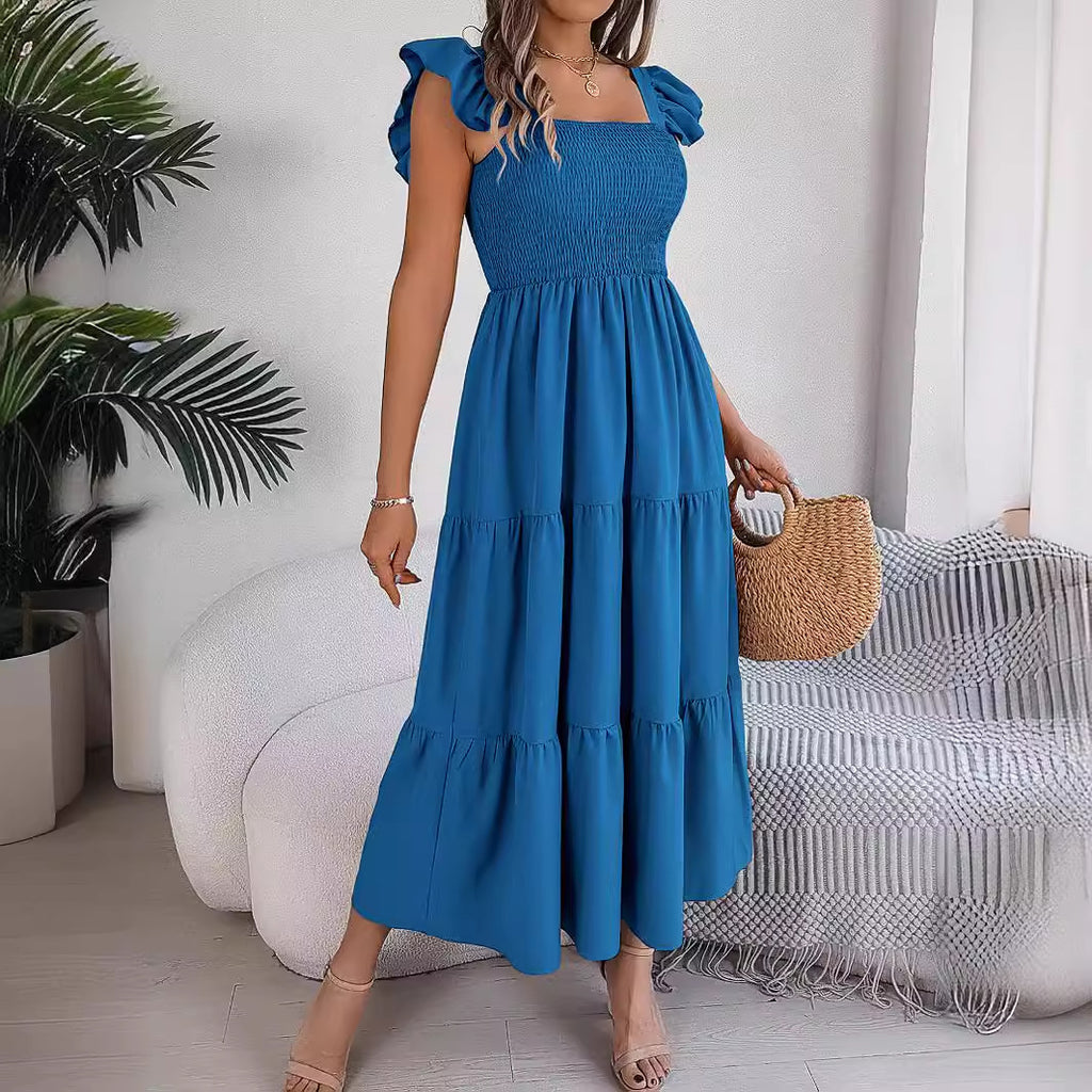 Summer Solid Color Square Collar Wooden Ear Waist A line Dress Women Clothing BAGIISA