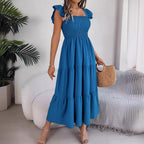 Summer Solid Color Square Collar Wooden Ear Waist A line Dress Women Clothing BAGIISA