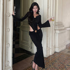 Graceful Women Metal Decorative Long Sleeved Jumpsuit Split Skirt Long Skirt Hollow Out Cutout out Cropped Two Piece Set