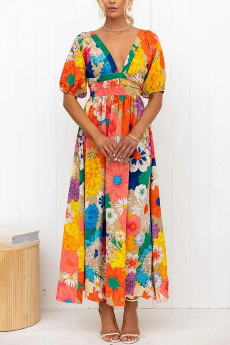 Summer Arrival V neck French Printed Puff Sleeve Casual Holiday Dress Women Havill