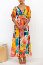 Summer Arrival V neck French Printed Puff Sleeve Casual Holiday Dress Women Havill