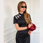 Autumn Ladies Slim Chinese Polka Dot Short Sleeve Dress Buckle Design YILINE