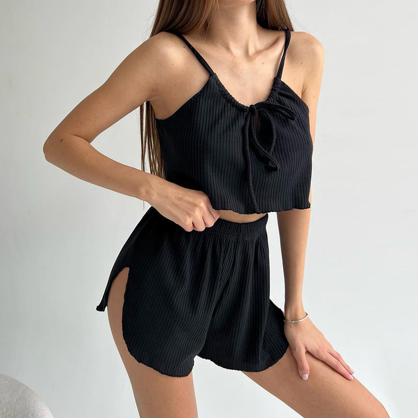 Pyjama deux pièces à bretelles et short, confortable et respirant, en tricot, pour femme