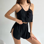 Pyjama deux pièces à bretelles et short, confortable et respirant, en tricot, pour femme