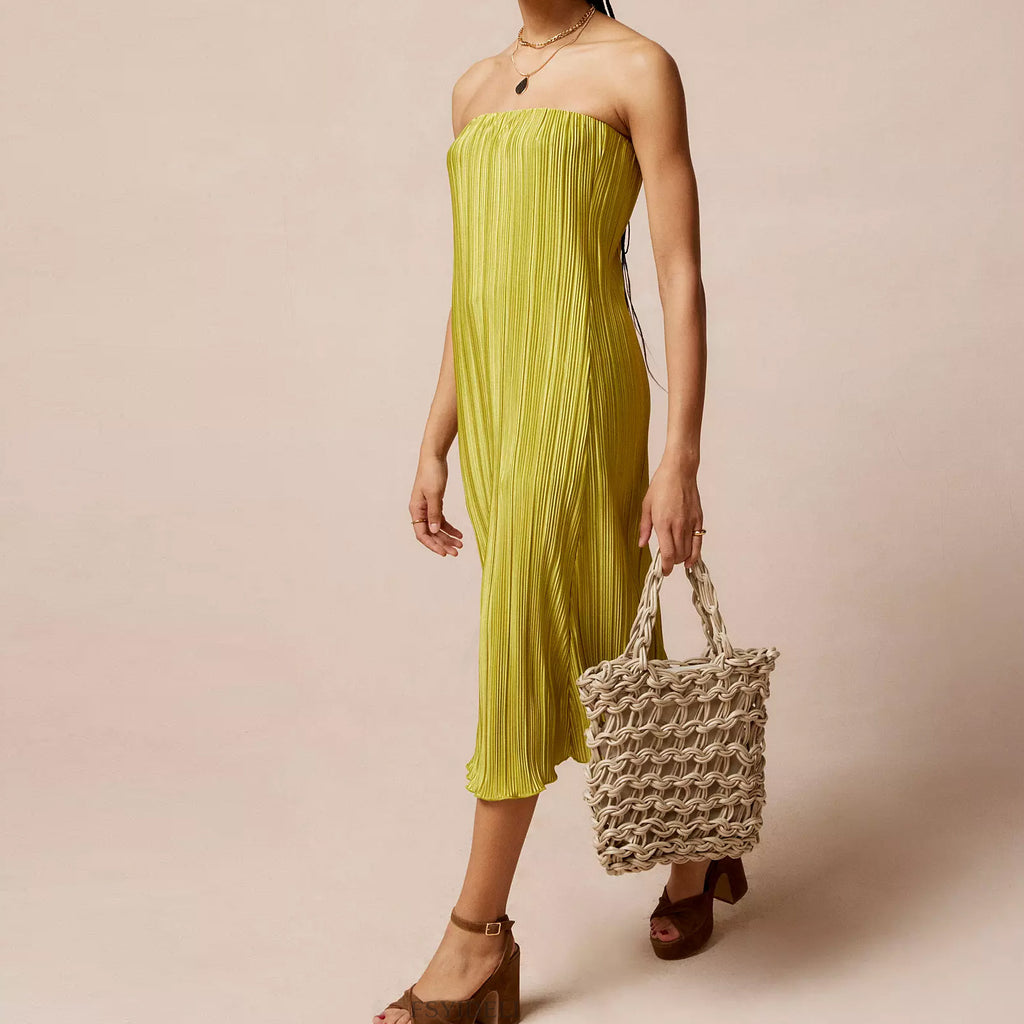 Solid Color Pleated Tube Top Backless Maxi Dress Summer Casual Loose Dress Women Eedele