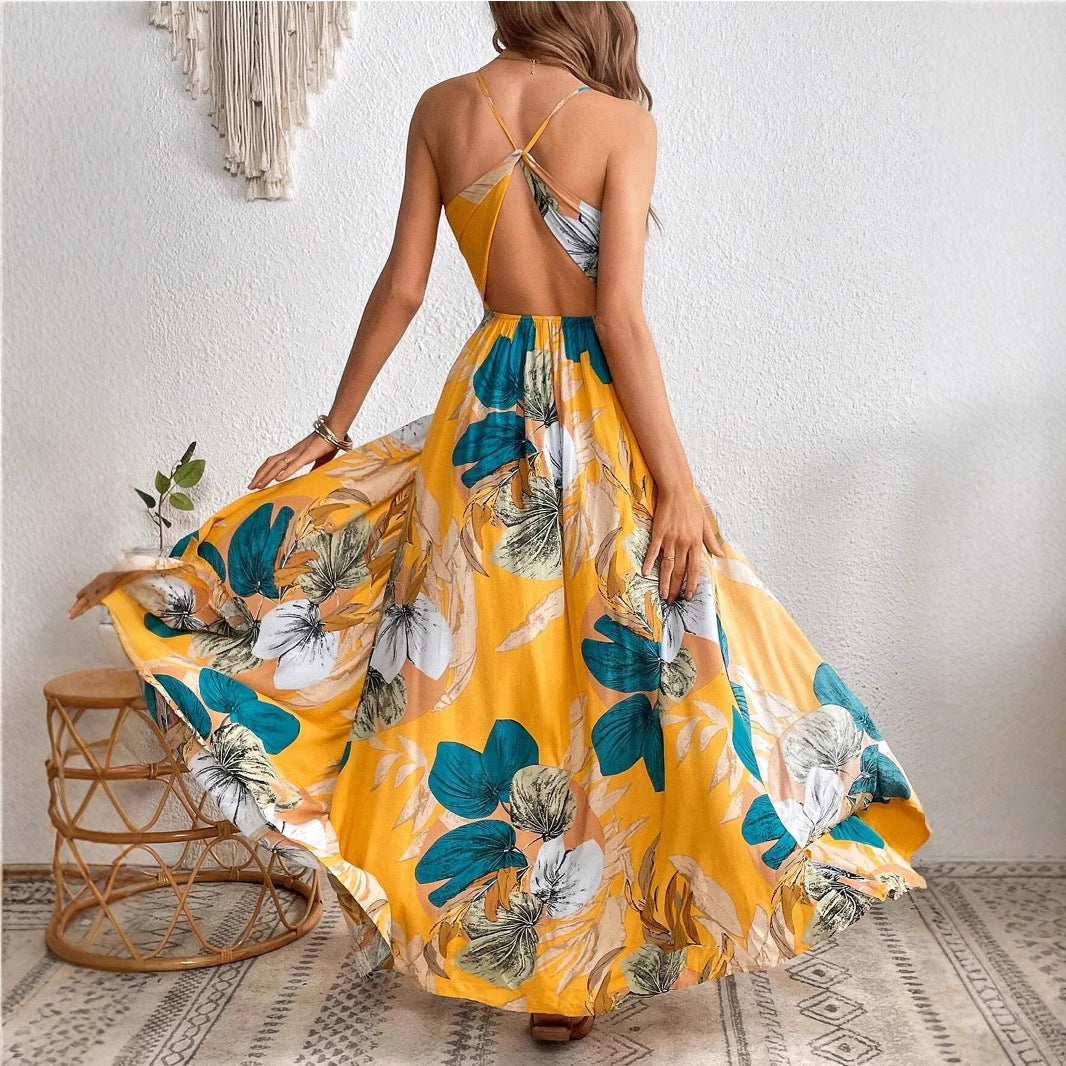 Real Shot Tropical Printing Thigh Fork Sling Dress FDetweq