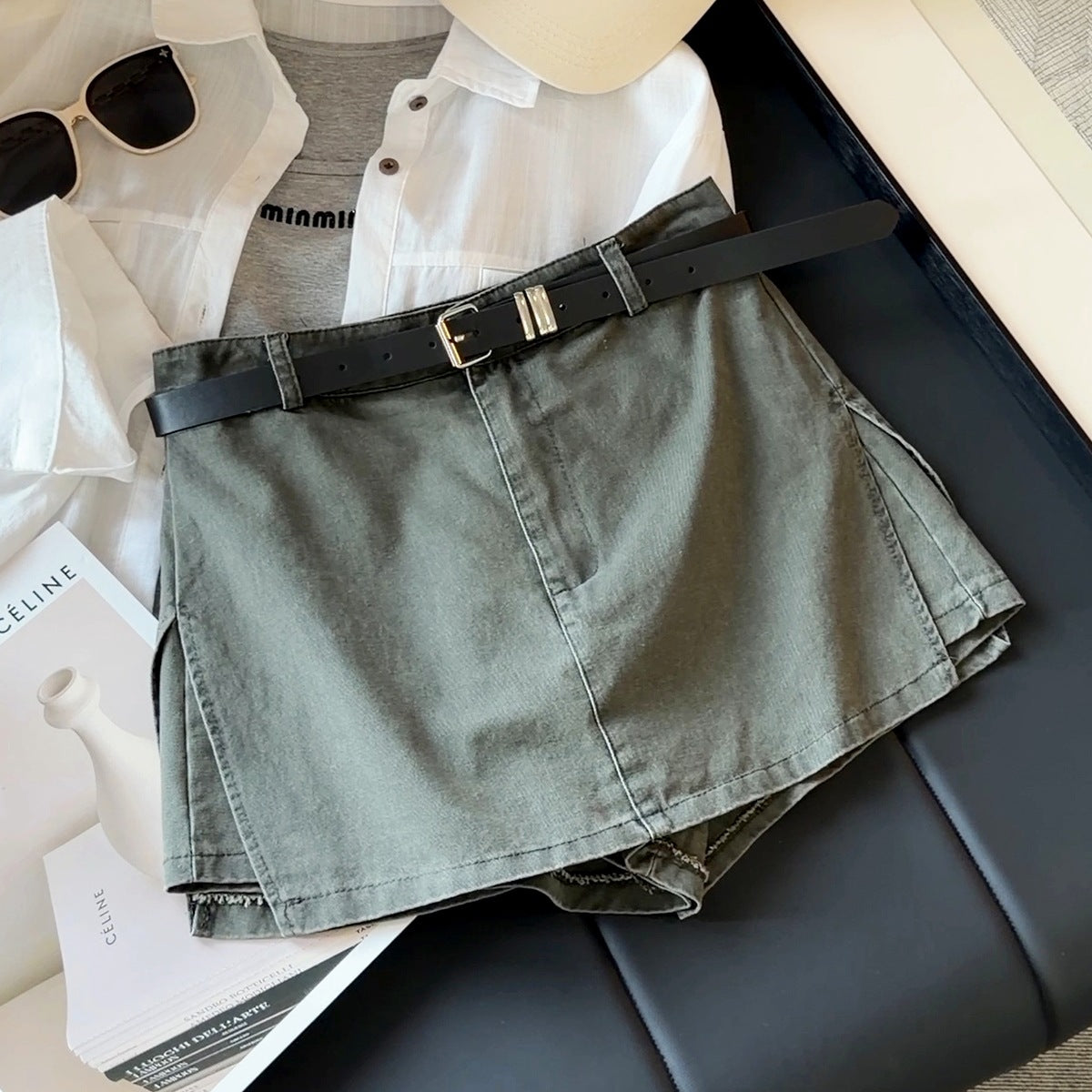 Retro Workwear High Waist Slimming Denim Short Culotte Women Autumn Anti Exposure A line Short Skirt Sunnygrace