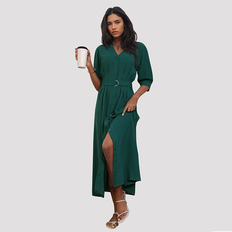Summer Women Middle Sleeve Green Dress with Belt HUNDRED