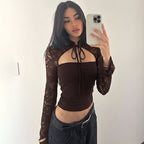 Sexy Summer Solid Color Long Sleeve Lace Stitching Chest Slimming Cropped Outfit Top T shirt for Women LEKINS