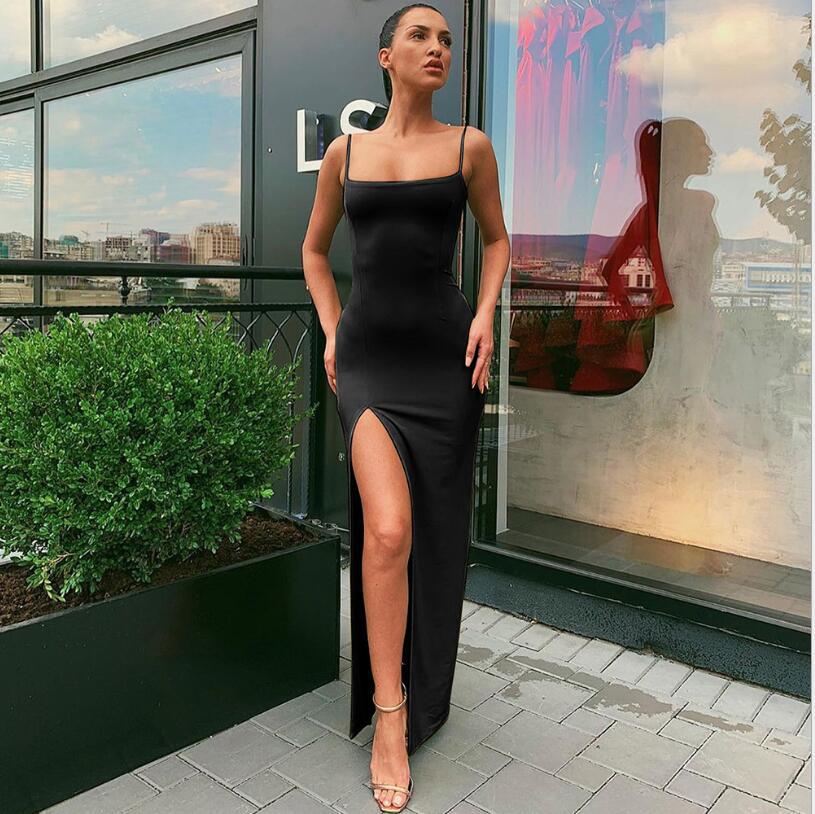 Summer New Women Strap off-Neck Slim Fit Backless Sexy Slit Dress Maxi Dress Versailles