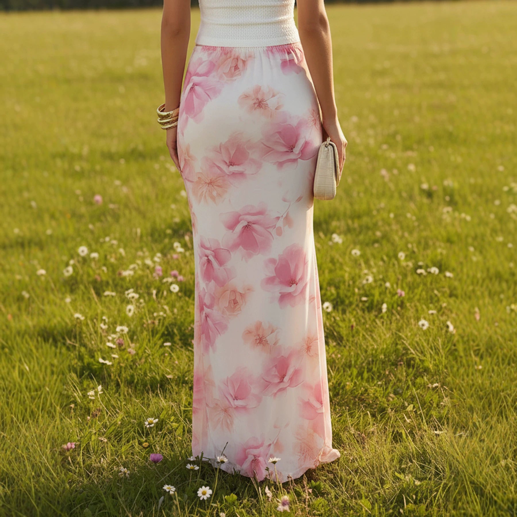 Summer Women Sexy Slim Vacation Mesh Floral Fishtail Skirt George