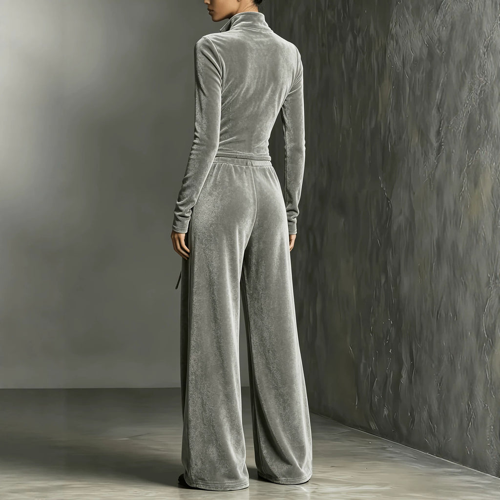 Velvet Long Sleeve Zipper Jumpsuit Casual High Waist Lace up Wide Leg Slim Fit Bodysuit Venly