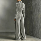 Velvet Long Sleeve Zipper Jumpsuit Casual High Waist Lace up Wide Leg Slim Fit Bodysuit Venly