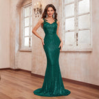 Woman Elegant And Formal Long Sleeved Full Skirted Sequined Backless Dress PartyPart