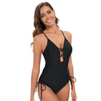 Traje de baño de una pieza de triángulo de color sólido para mujer, sexy, sin espalda, con aberturas y tirantes recortados.