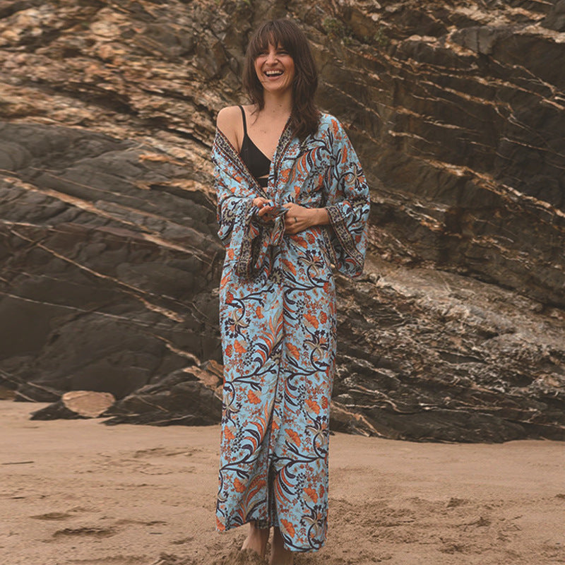 Abrigo playero de rayón estampado con protector solar para vacaciones, cubrebikini para vacaciones