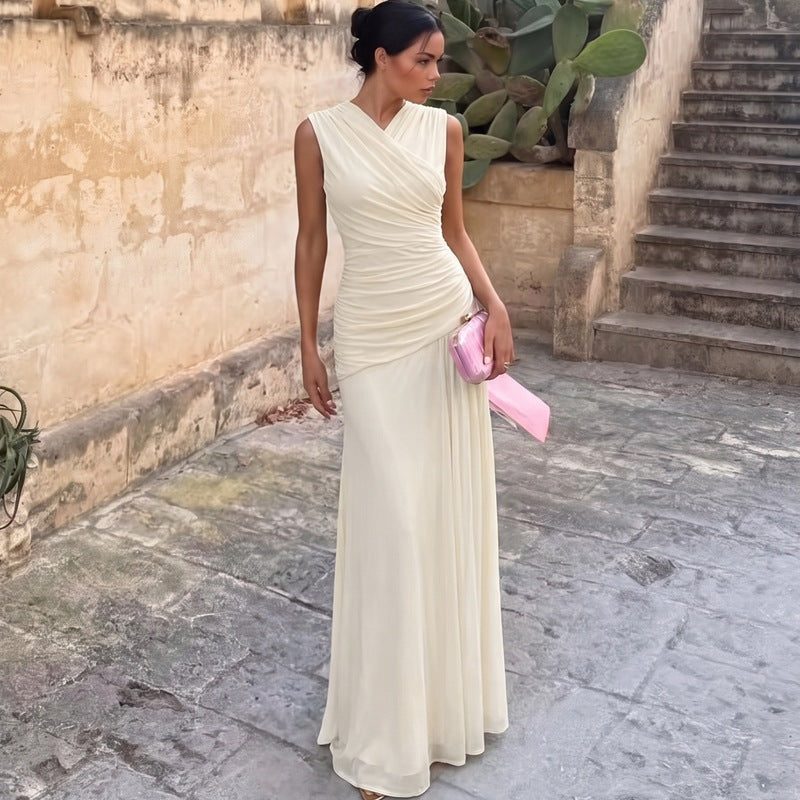 French V neck Solid Color Maxi Dress Summer Waist Slimming Draping Effect Maxi Dress BULLINGER
