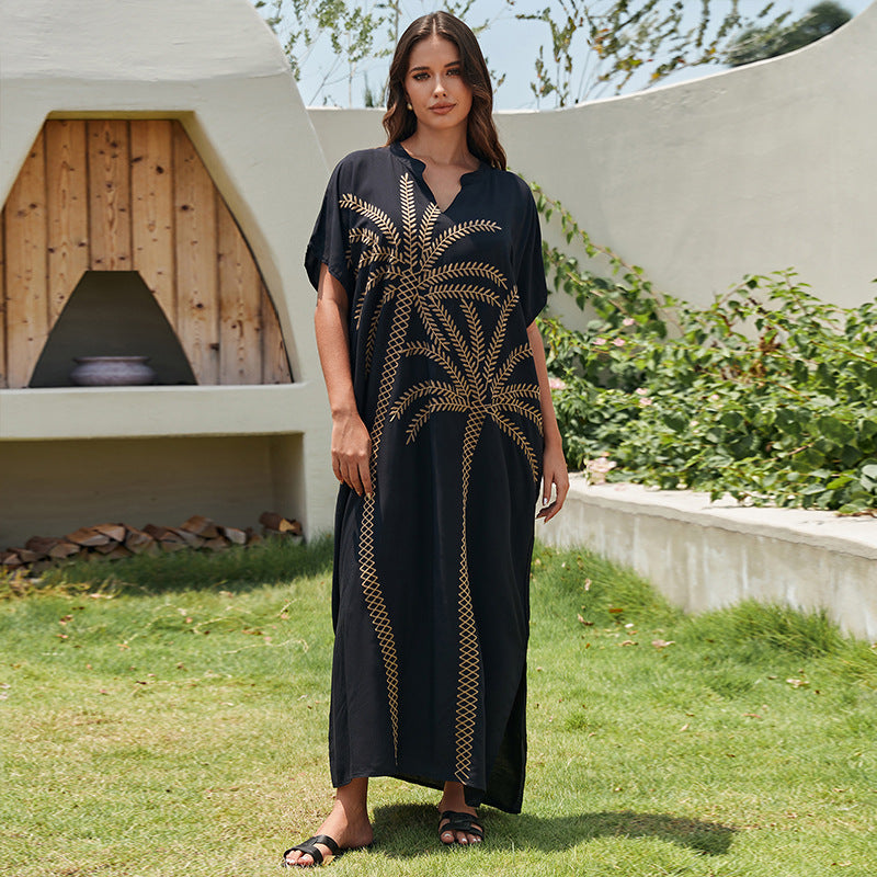 Robe longue ample brodée de plage cache-maillot de bain femme