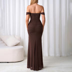 Mesh Camisole Dress Backless High Slit off Neck Slim Fit Ruffle Hip Dress SUNSHINE