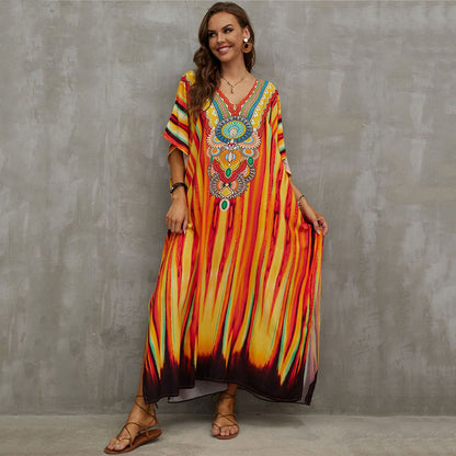 Rayon Positioning Printing Beach Cover Up V Neck Robe Vacation Skirt Bikini Cover
