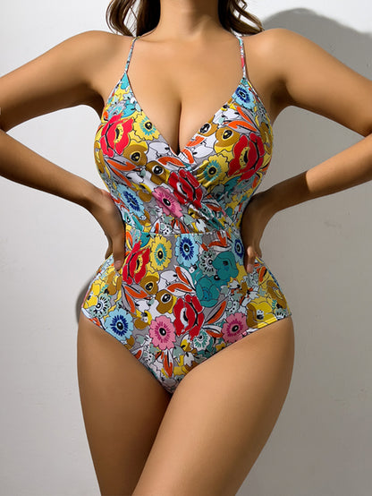 Traje de baño sexy sin espalda con estampado floral