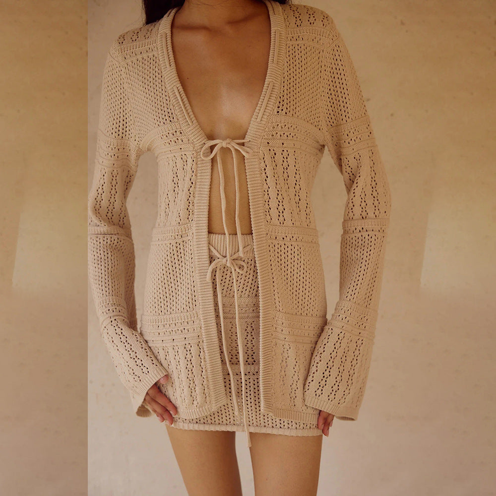 Solid Color Sexy Knitted Beach Skirt Bikini Swimsuit Blouse Sun Proof Two Piece Sets Women Mangar