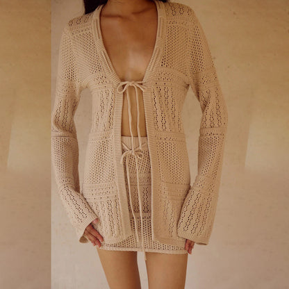 Solid Color Sexy Knitted Beach Skirt Bikini Swimsuit Blouse Sun Proof Two Piece Sets Women Mangar