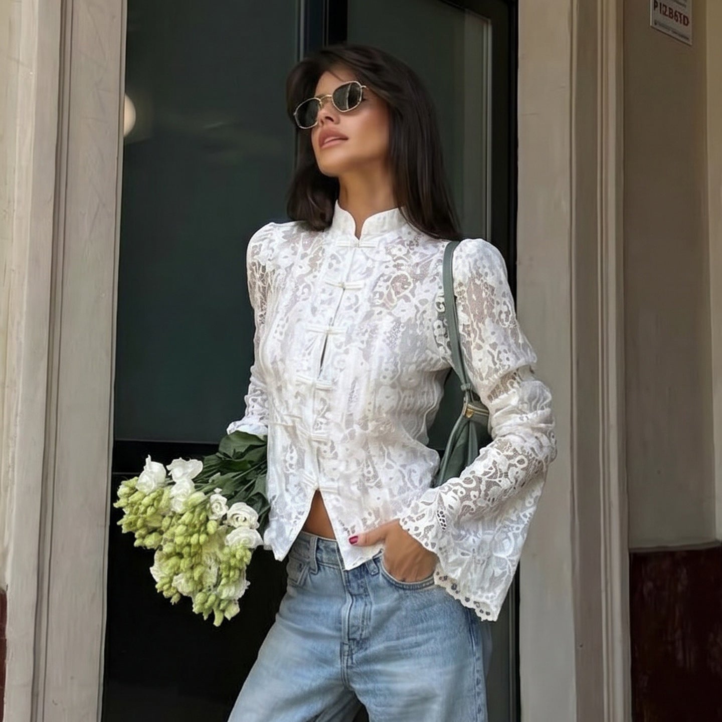 Lace Stitching See through Buckle Flare Sleeve T shirt Ruffles Slim Stand Collar Top Women LingSharp