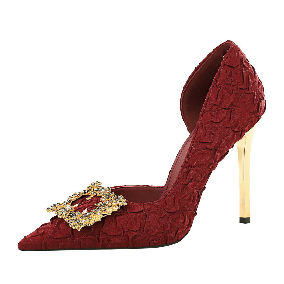 French Rhinestone Square Buckle Side Hollow Out Cutout Slip on Super High Heel Satin Gentle Elegant Stiletto Wedding Shoes ForestFootwear
