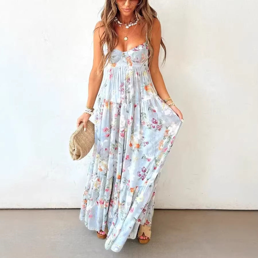 Bohemian Sling Floral Large Swing Dress Summer Chiffon Vacation Loose Flowy Dress Gemi