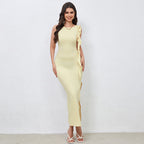 Robe sexy et élégante en soie de lait avec fente latérale et ruban aux épaules