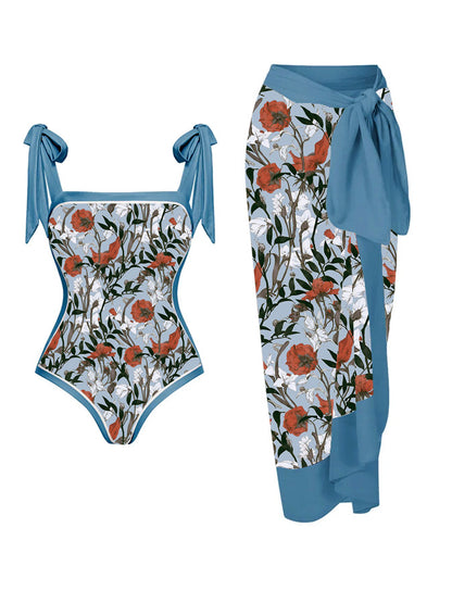Traje de baño de una pieza de dos piezas con estampado personalizado y falda de cadera conservadora.