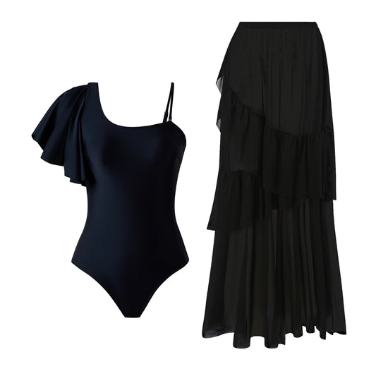 Traje de baño sexy para mujer, conjunto de dos piezas con volantes y falda de tul.