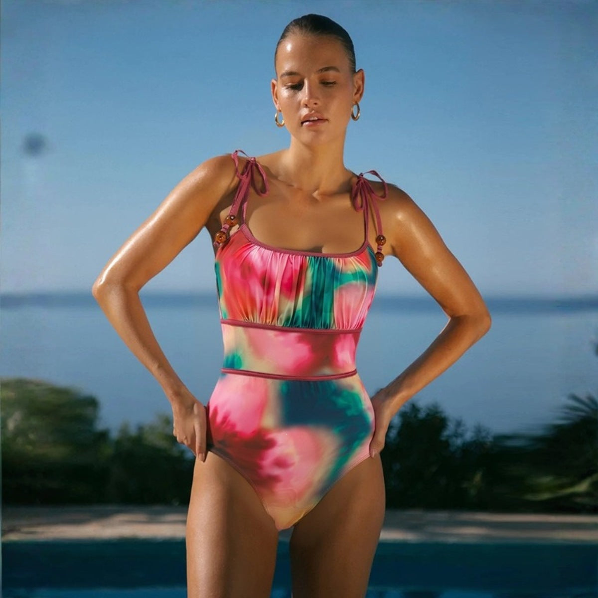 Swimsuit Bow Suspenders Blooming One Piece Swimsuit Women ShineRealm