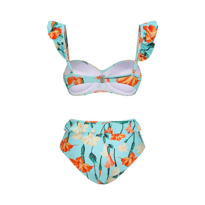 Bikini dividido con mangas de loto y pantalones de cintura alta, traje de baño sexy adelgazante para mujer