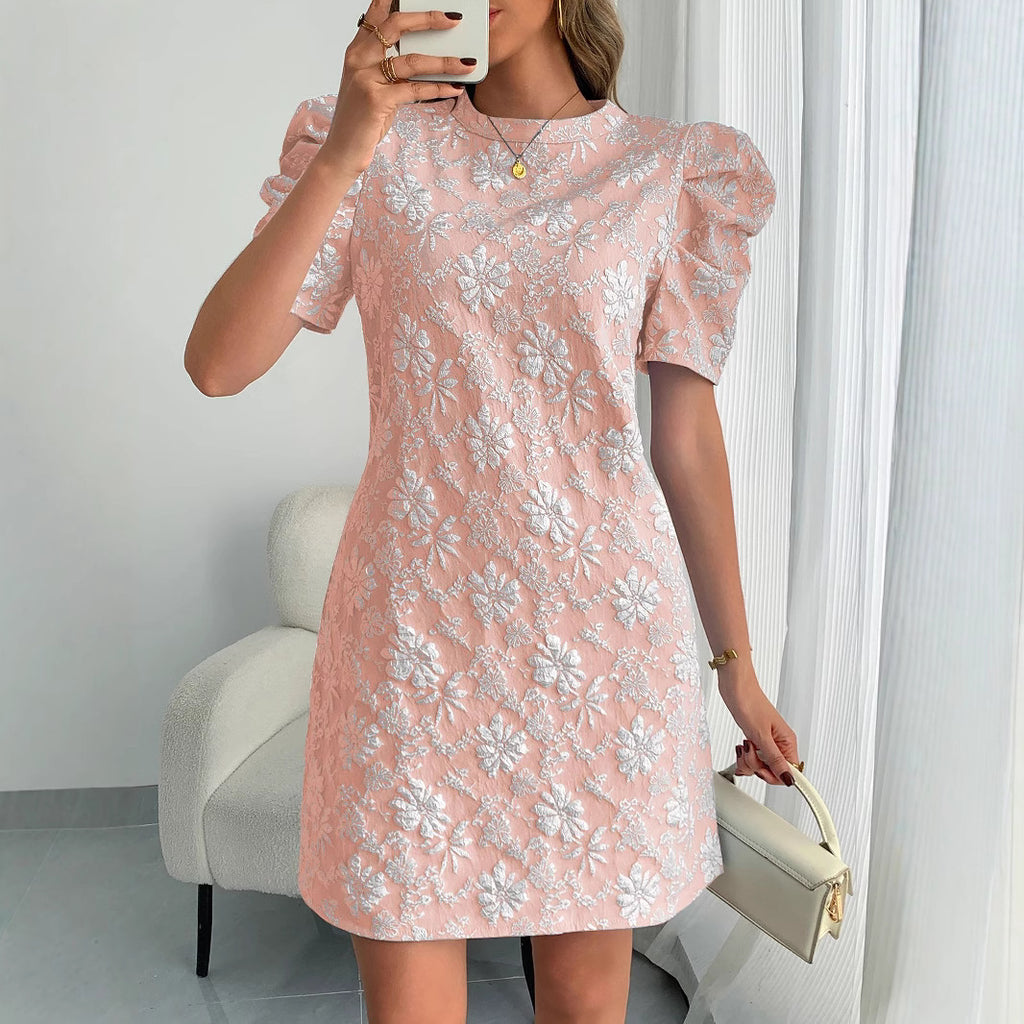 Summer Women Bubble Sleeve Texture Jacquard round Neck Retro Dress Vivish