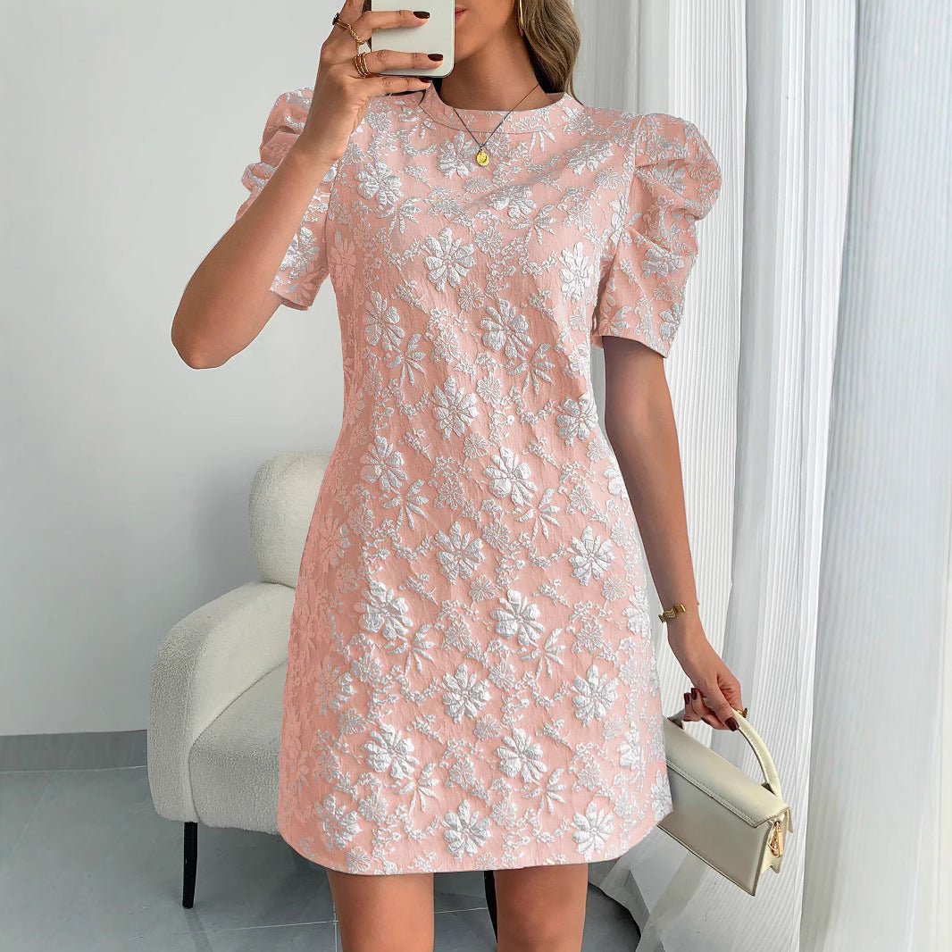 Summer Women Bubble Sleeve Texture Jacquard round Neck Retro Dress Vivish