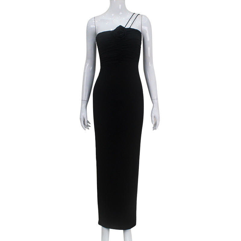 Robe sexy à bretelles spaghetti et plis floraux tridimensionnels pour femme