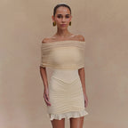 Women Clothing Ruffle Hip Ruffled Mesh Outerwear Strapless Dress Slim Dress
