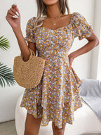 Spring Summer Elegant Floral Lace-up Waist-Controlled Large Hem Dress Women Clothing BAGIISA