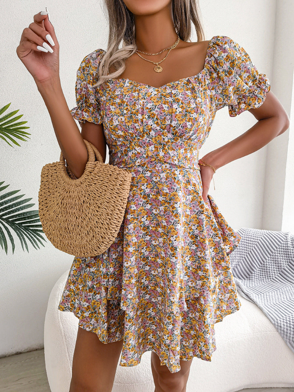 Spring Summer Elegant Floral Lace-up Waist-Controlled Large Hem Dress Women Clothing BAGIISA