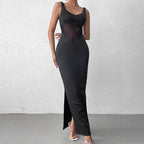 Vestido camisola de malla con costuras de seda de leche, sexy, con abertura en la espalda, vestido formal largo