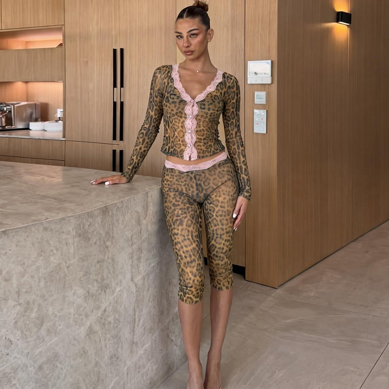 French Women Clothing Summer Mesh Patchwork Sexy Top Slim Fit See through Shorts Set BULLINGER