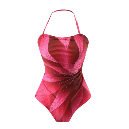 Traje de baño conservador con estampado digital y cuello halter de gasa para mujer