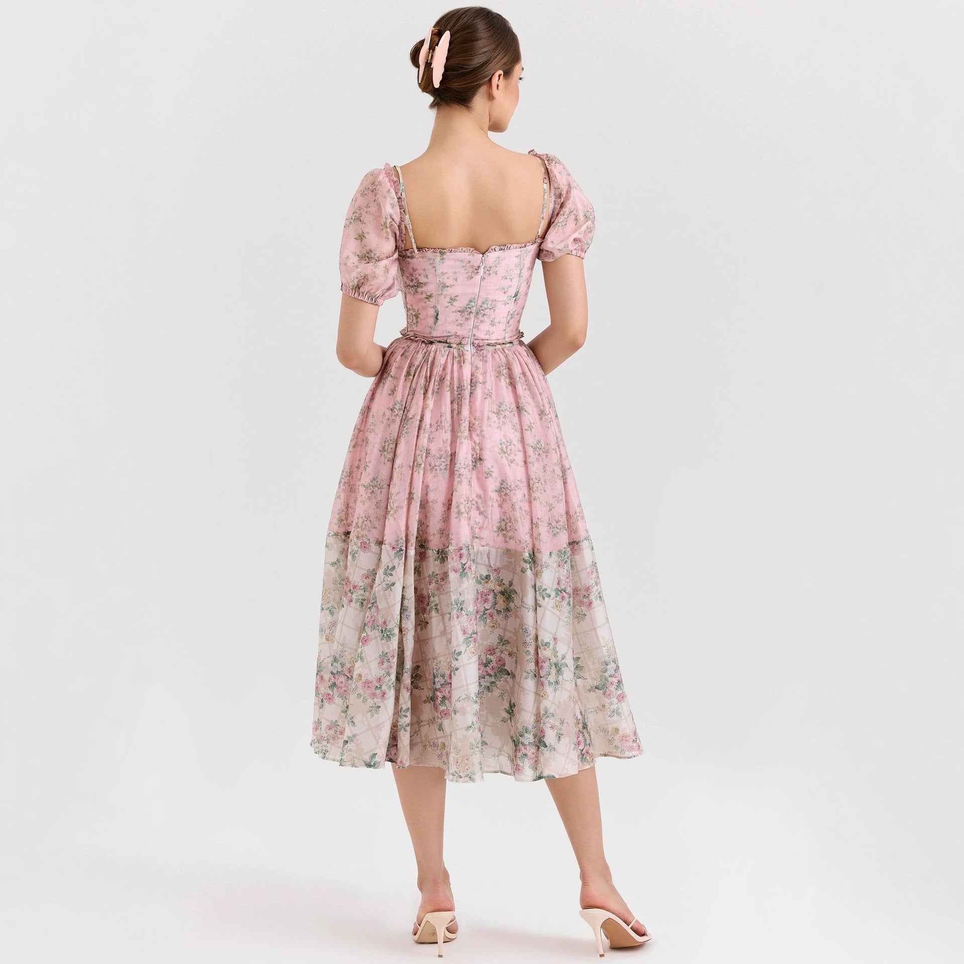 Bubble Sleeve Women Floral Floral Print Pleated Women Dress XINXI